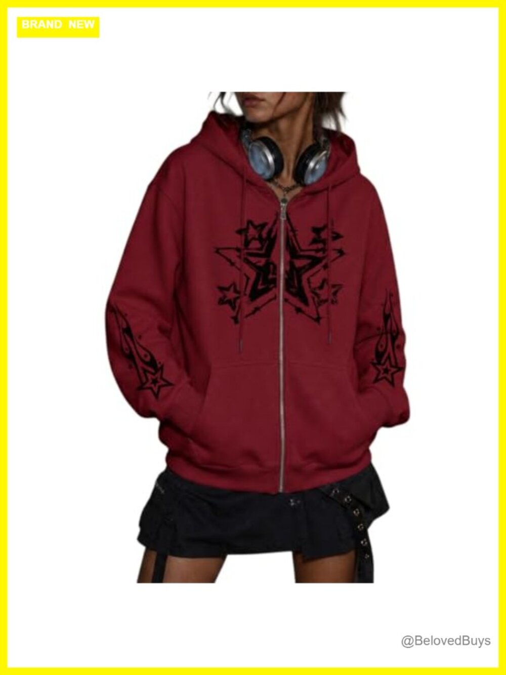 Womens Y2k Star Graphic Zip Up Hoodie Oversized Grunge Streetwear Sweatshirt